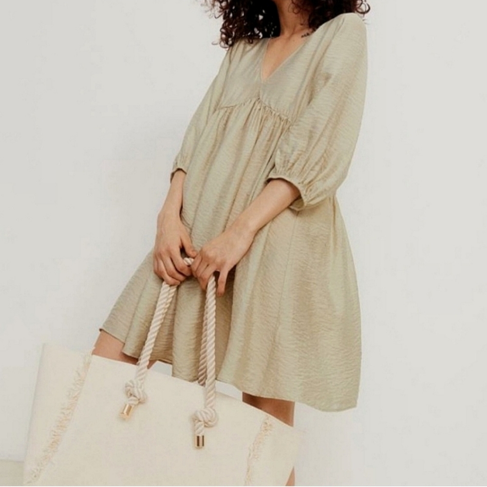H&M Sage Babydoll Crinkle Mini Dress